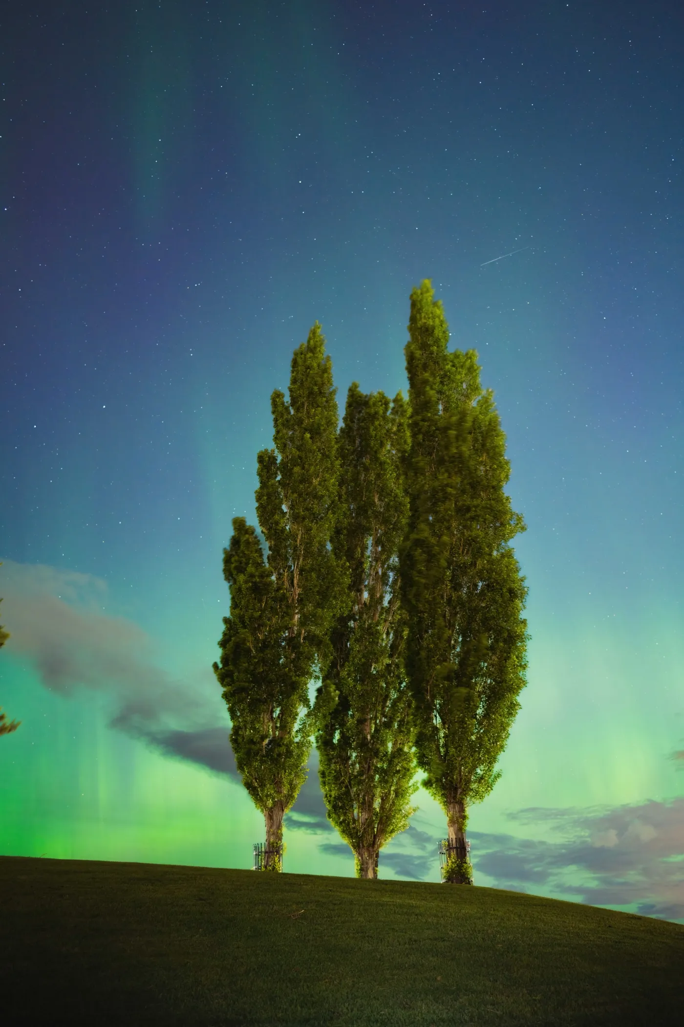 Northern lights aurora borealis over Okanagan Lake Kelowna BC at night